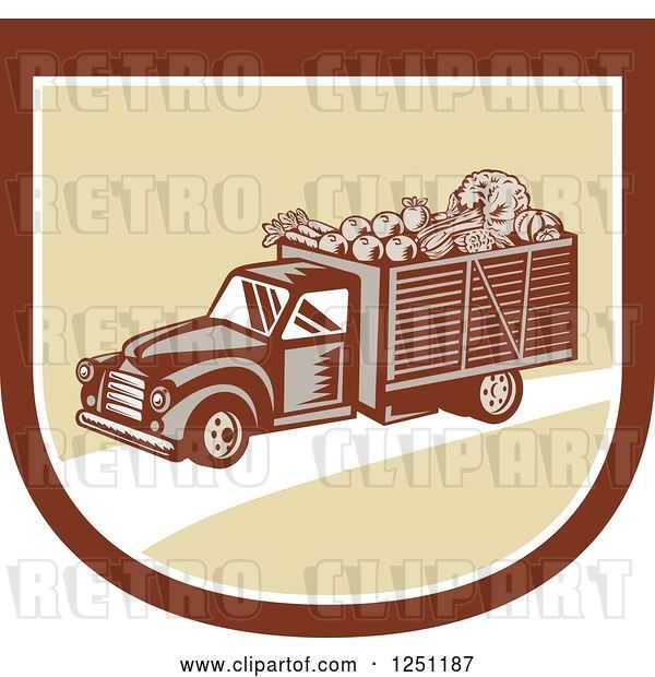 Vector Clip Art of Retro Woodcut Produce Delivery Truck in a Shield