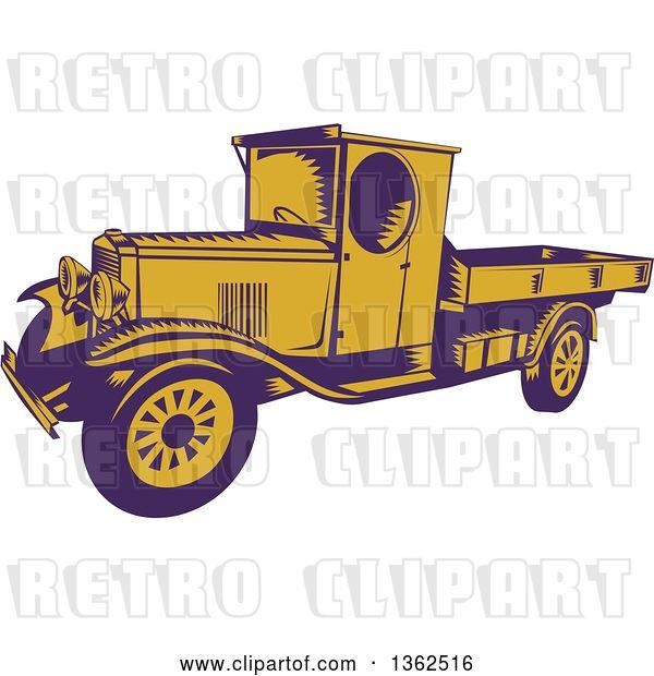 Vector Clip Art of Retro Woodcut Purple and Yellow 1920s Pickup Truck with a Flatbed