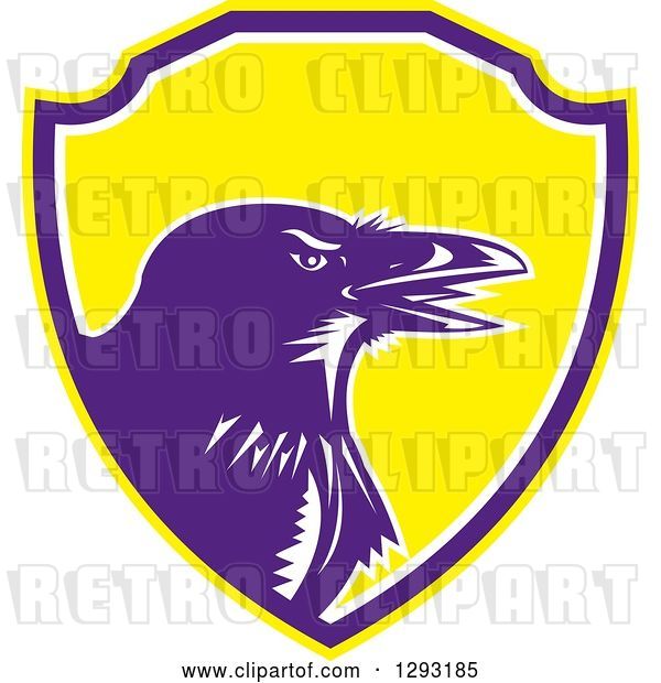 Vector Clip Art of Retro Woodcut Raven Crow in a Yellow Purple and White Shield