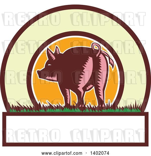 Vector Clip Art of Retro Woodcut Rear View of a Pig with a Curly Tail in a Circle with Text Space