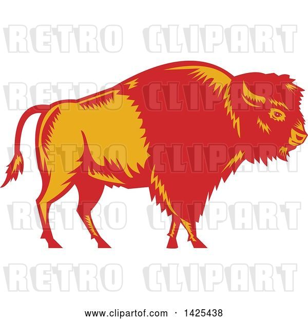 Vector Clip Art of Retro Woodcut Red and Yellow American Buffalo Bison