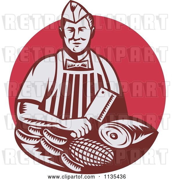 Vector Clip Art of Retro Woodcut Red Butcher Holding a Cleaver Knife over Meats