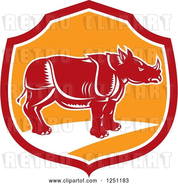 Vector Clip Art of Retro Woodcut Rhino in a Red and Orange Shield