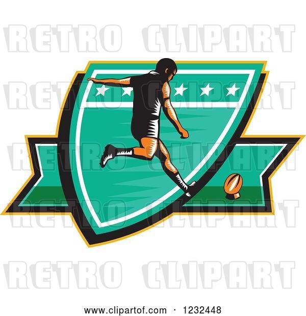 Vector Clip Art of Retro Woodcut Rugby Player Kicking on a Green Shield
