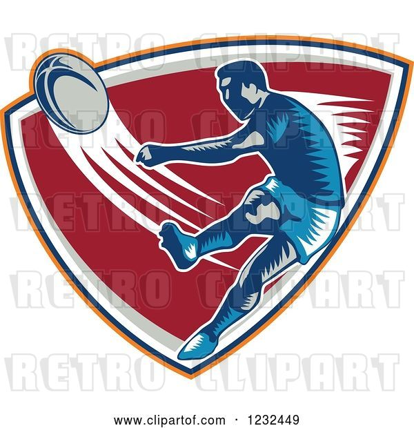 Vector Clip Art of Retro Woodcut Rugby Player Kicking on a Red Shield