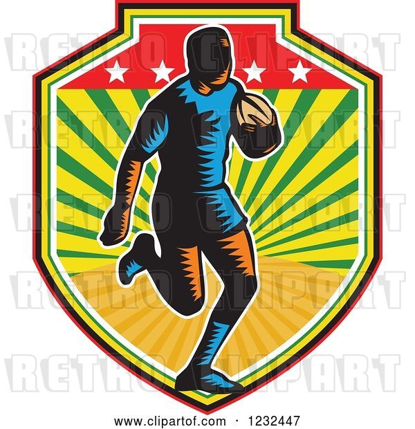 Vector Clip Art of Retro Woodcut Rugby Player Running in a Sunny Shield