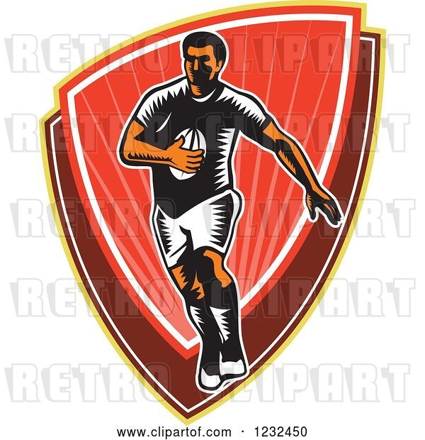 Vector Clip Art of Retro Woodcut Rugby Player Running over a Red Shield
