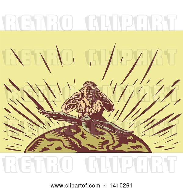 Vector Clip Art of Retro Woodcut Samoan God, Tagaloa, Releasing His Plover Bird Daughter to Earth