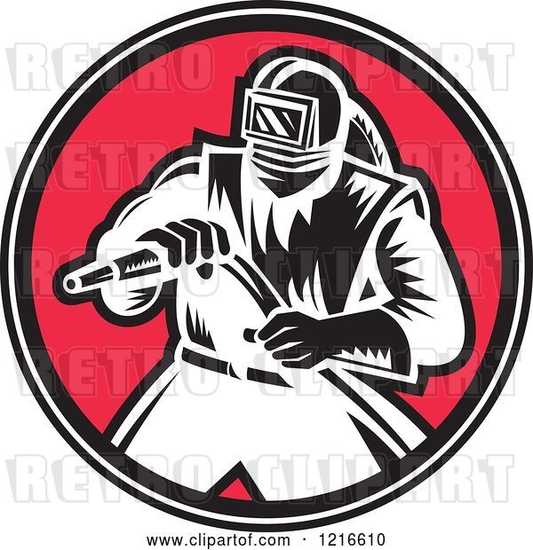 Vector Clip Art of Retro Woodcut Sandblaster Worker in a Red Circle