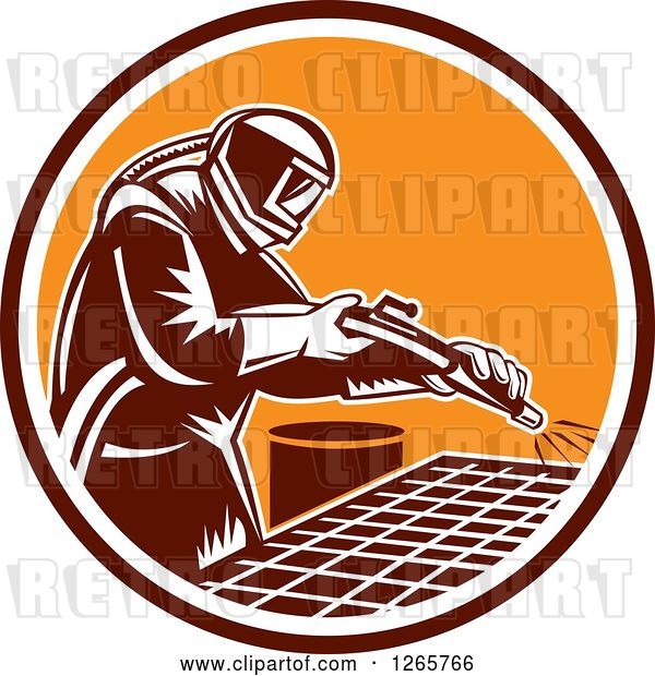 Vector Clip Art of Retro Woodcut Sandblaster Working in a Marroon White and Orange Circle