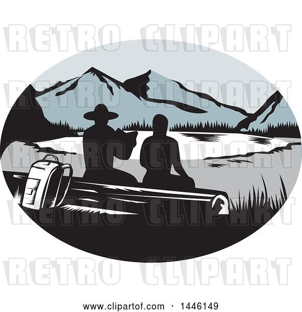 Vector Clip Art of Retro Woodcut Scene of Silhouetted Hikers Sitting on a Log and Looking out at a Mountainous Lake or Pond
