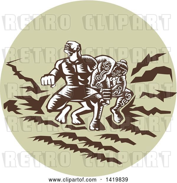 Vector Clip Art of Retro Woodcut Scene of the Samoan Legend Tiitii Wrestling the God of Earthquake and Breaking His Arm in a Green Circle