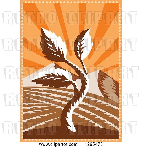 Vector Clip Art of Retro Woodcut Seedling Plant and Mountains Against Orange Sunshine Rays