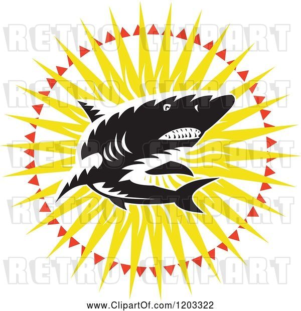 Vector Clip Art of Retro Woodcut Shark in a Sunburst