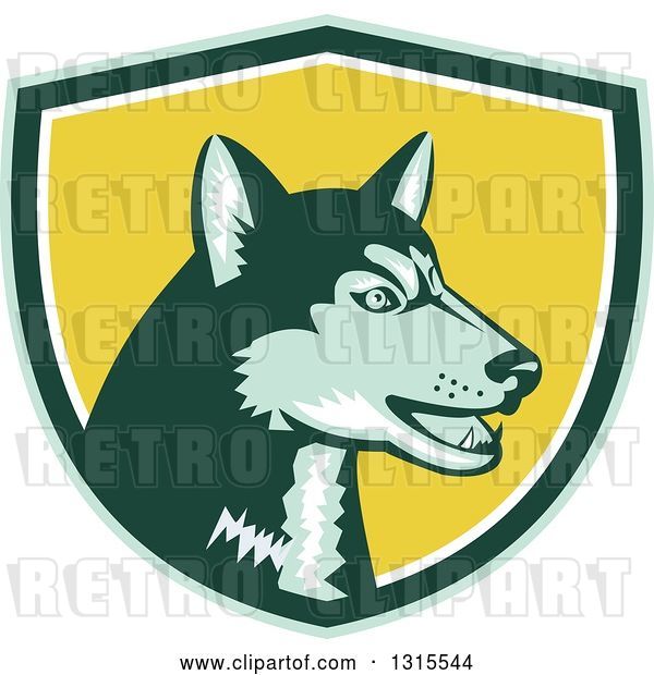 Vector Clip Art of Retro Woodcut Siberian Husky Dog in a Green, White and Yellow Shield