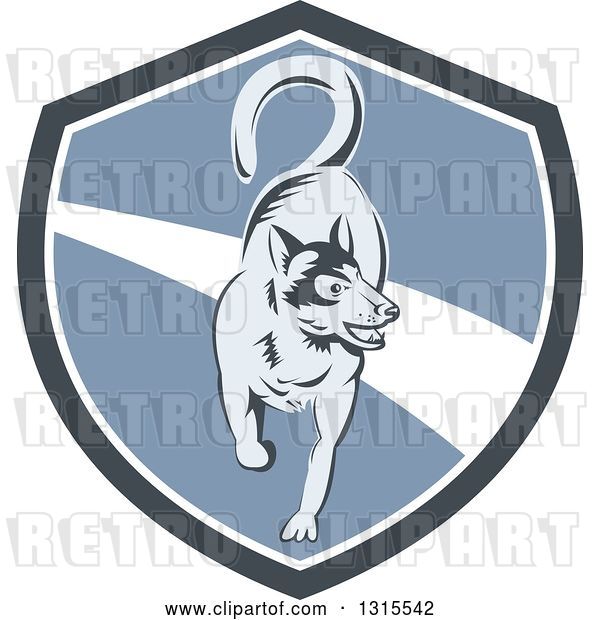 Vector Clip Art of Retro Woodcut Siberian Husky Dog Running in a Gray White and Blue Shield