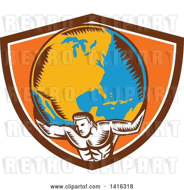 Vector Clip Art of Retro Woodcut Strong Guy, Atlas, Holding Earth on His Shoulders in a Brown White and Orange Crest