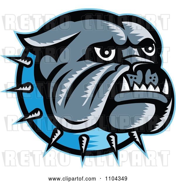 Vector Clip Art of Retro Woodcut Styled Bulldog Head with a Spiked Blue Collar