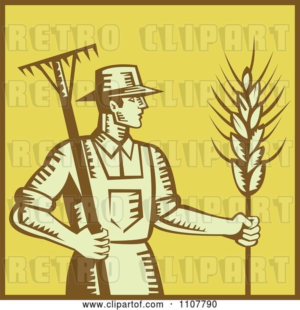Vector Clip Art of Retro Woodcut Styled Farmer with a Rake and Wheat over Yellow with a Brown Border