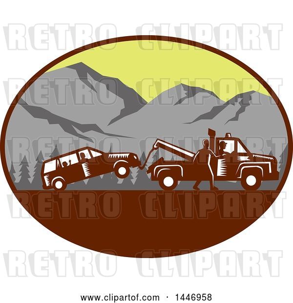 Vector Clip Art of Retro Woodcut Styled Guy Towing Away a Family Car in an Oval with Mountains