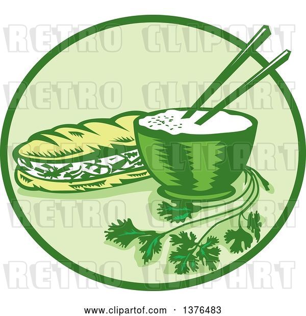 Vector Clip Art of Retro Woodcut Styled Meal of Banh Mi Rice and a Meat Sandwich in a Circle