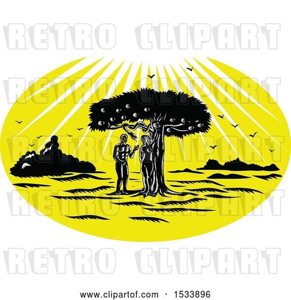 Vector Clip Art of Retro Woodcut Styled Scene of Adam and Eve by a Snake in an Apple Tree Under Sun Rays