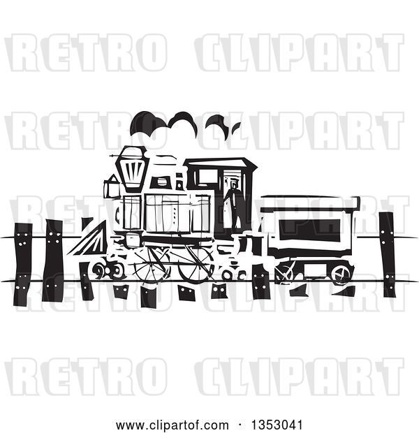 Vector Clip Art of Retro Woodcut Train on a Rail Road