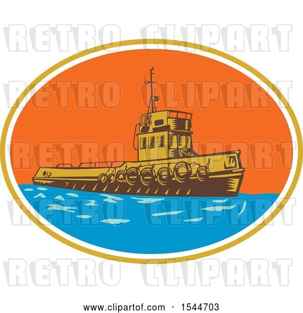 Vector Clip Art of Retro Woodcut Tugboat in an Oval