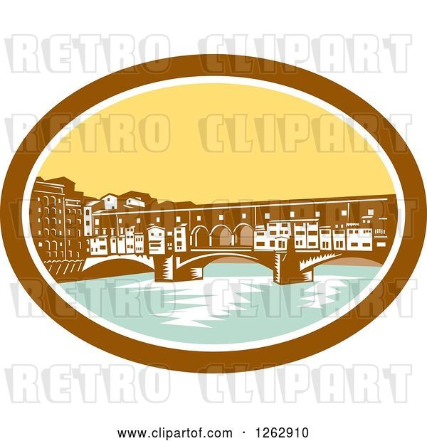 Vector Clip Art of Retro Woodcut View of the Arch Bridge of Ponte Vecchio in Florence, Firenze, Italy