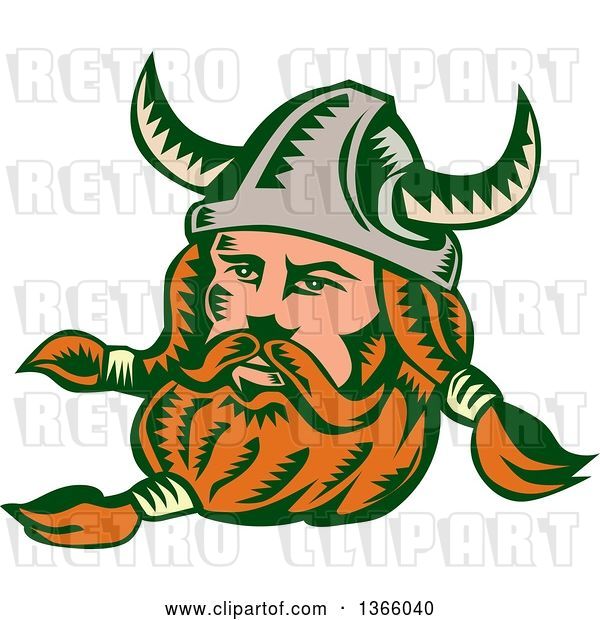 Vector Clip Art of Retro Woodcut Viking Norseman Warrior with a Long Beard and Horned Helmet