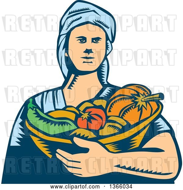 Vector Clip Art of Retro Woodcut White Female Farmer Holding a Basket of Harvest Vegetables