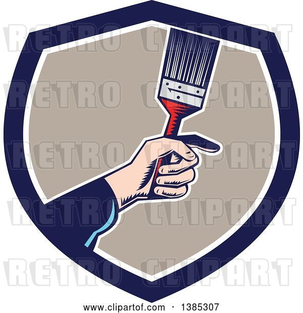 Vector Clip Art of Retro Woodcut White Painters Hand Holding a Paintbrush in a Blue White and Taupe Shield