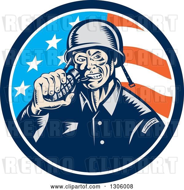 Vector Clip Art of Retro Woodcut World War Two Soldier Biting a Grenade in an American Flag Circle