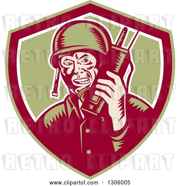 Vector Clip Art of Retro Woodcut World War Two Soldier Talking on a Field Radio in a Green Maroon and White Shield