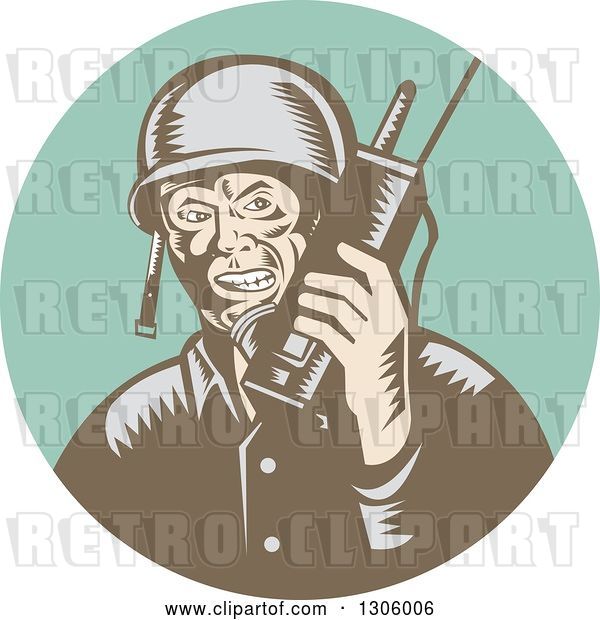 Vector Clip Art of Retro Woodcut World War Two Soldier Talking on a Field Radio in a Turquoise Circle