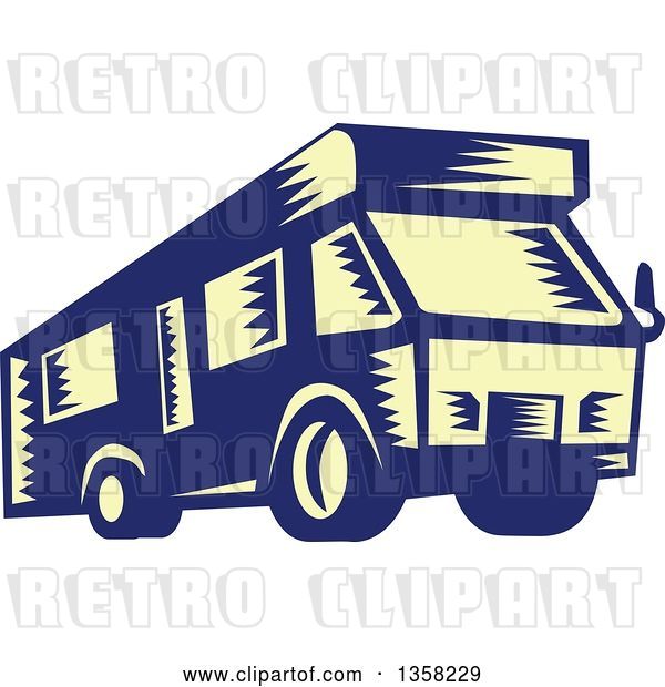 Vector Clip Art of Retro Woodcut Yellow and Blue RV Camper Van