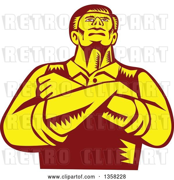 Vector Clip Art of Retro Woodcut Yellow and Brown Business Man with Folded Arms, Looking Up, from a Low Angle