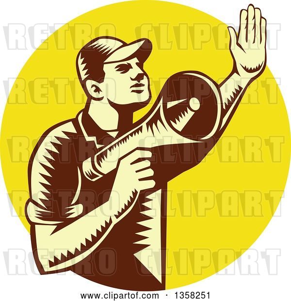 Vector Clip Art of Retro Woodcut Yellow and Brown Male Worker Holding up a Hand and Using a Megaphone in a Yellow Circle
