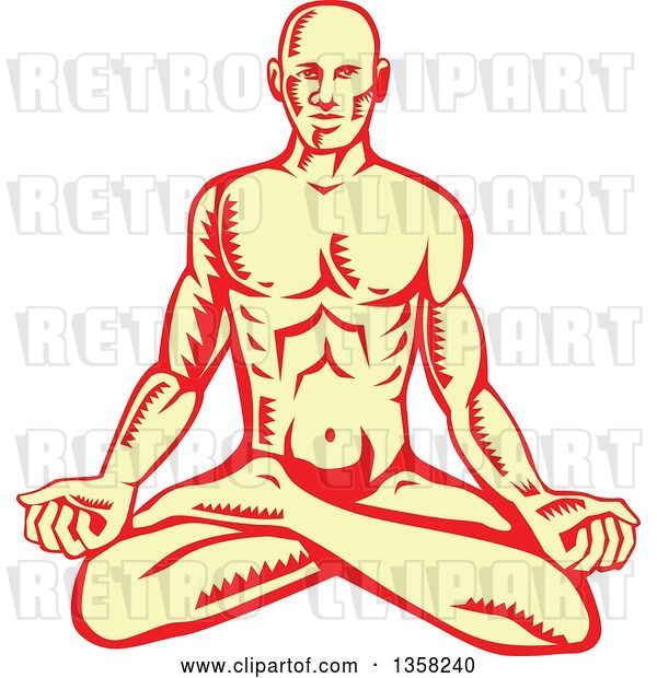 Vector Clip Art of Retro Woodcut Yellow and Red Guy Meditating in the Lotus Pose