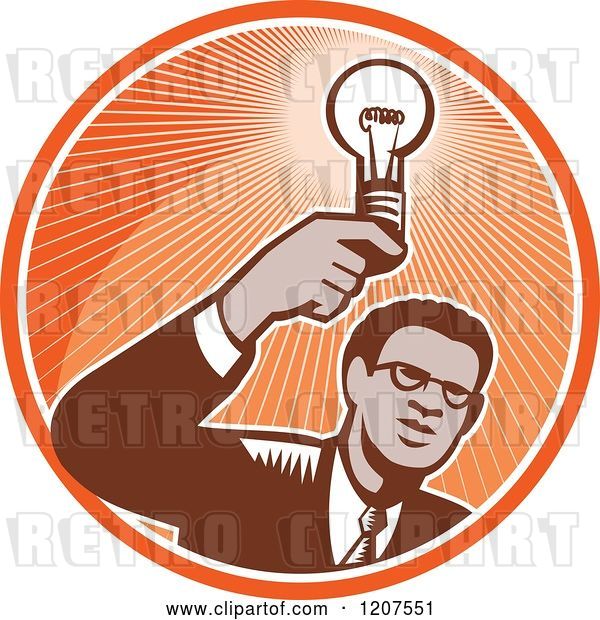 Vector Clip Art of Retro Woodut Black Business Man Holding a Light Bulb in an Orange Circle