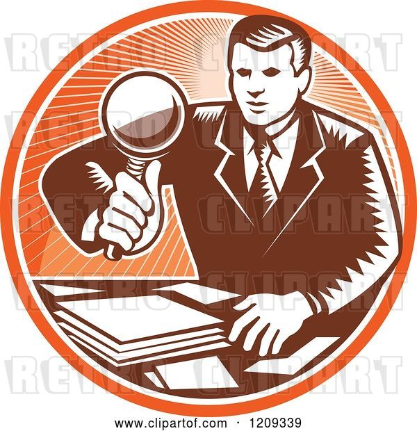 Vector Clip Art of Retro Woodut Business Man Inspecting Documents with a Magnifying Glass in an Orange Circle