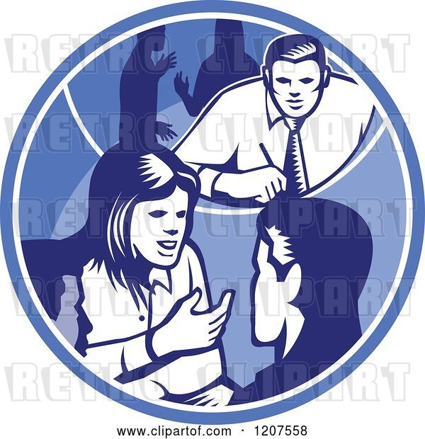 Vector Clip Art of Retro Woodut Business People Talking in a Blue Circle