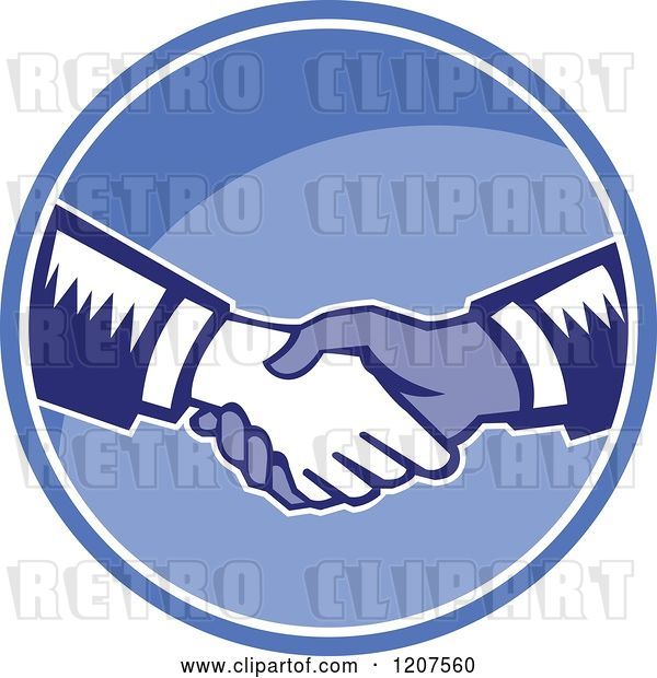 Vector Clip Art of Retro Woodut Men Shaking Hands in a Blue Circle