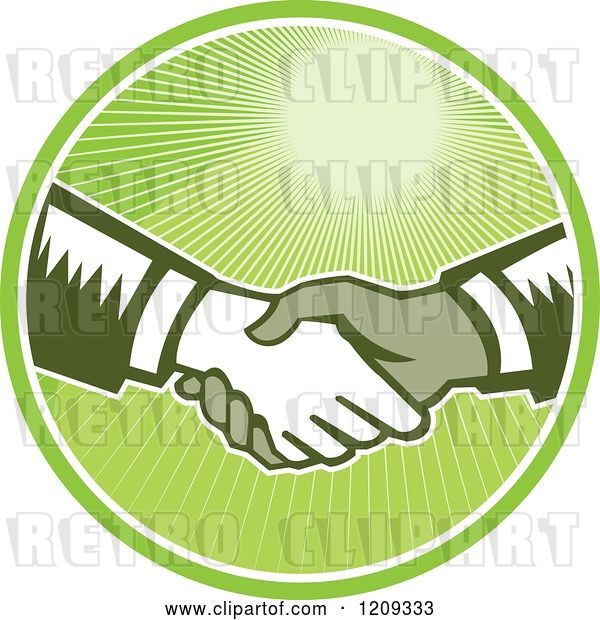 Vector Clip Art of Retro Woodut Men Shaking Hands in a Green Sunny Circle