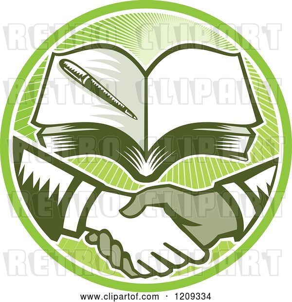 Vector Clip Art of Retro Woodut Men Shaking Hands Under a Book in a Green Sunny Circle