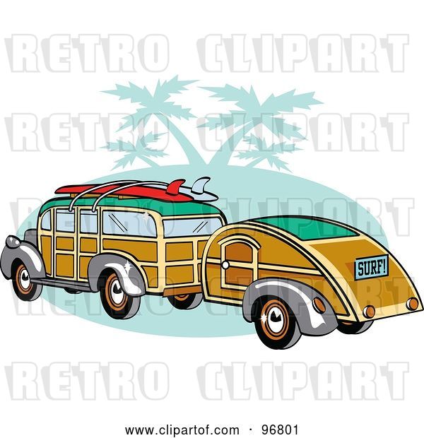 Vector Clip Art of Retro Woody Sedan with Surfboards on the Roof, Pulling a Trailer over Green with Palm Trees