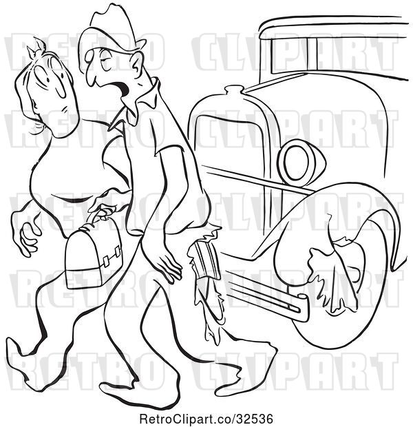 Vector Clip Art of Retro Worker Guy Losing Part of His Pants on a Car While Talking to a Lady