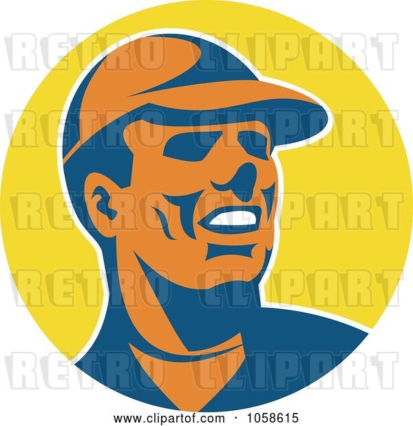 Vector Clip Art of Retro Worker Guy Wearing a Hat over a Yellow Circle