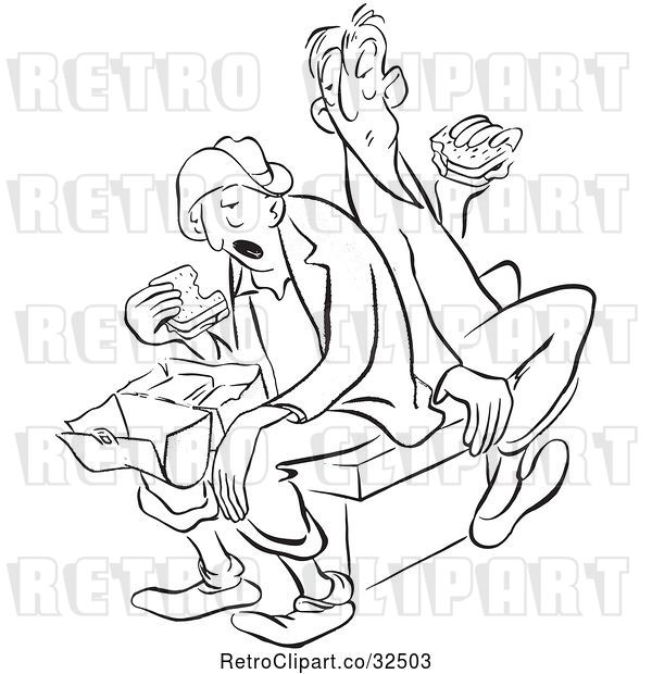 Vector Clip Art of Retro Worker Men Eating Sandwiches for Lunch