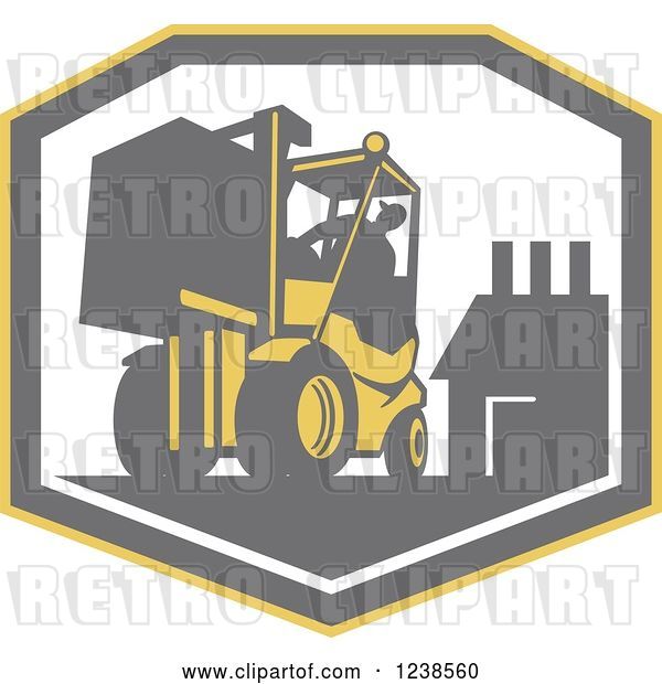 Vector Clip Art of Retro Worker Operating a Forklift over a Factory Shield